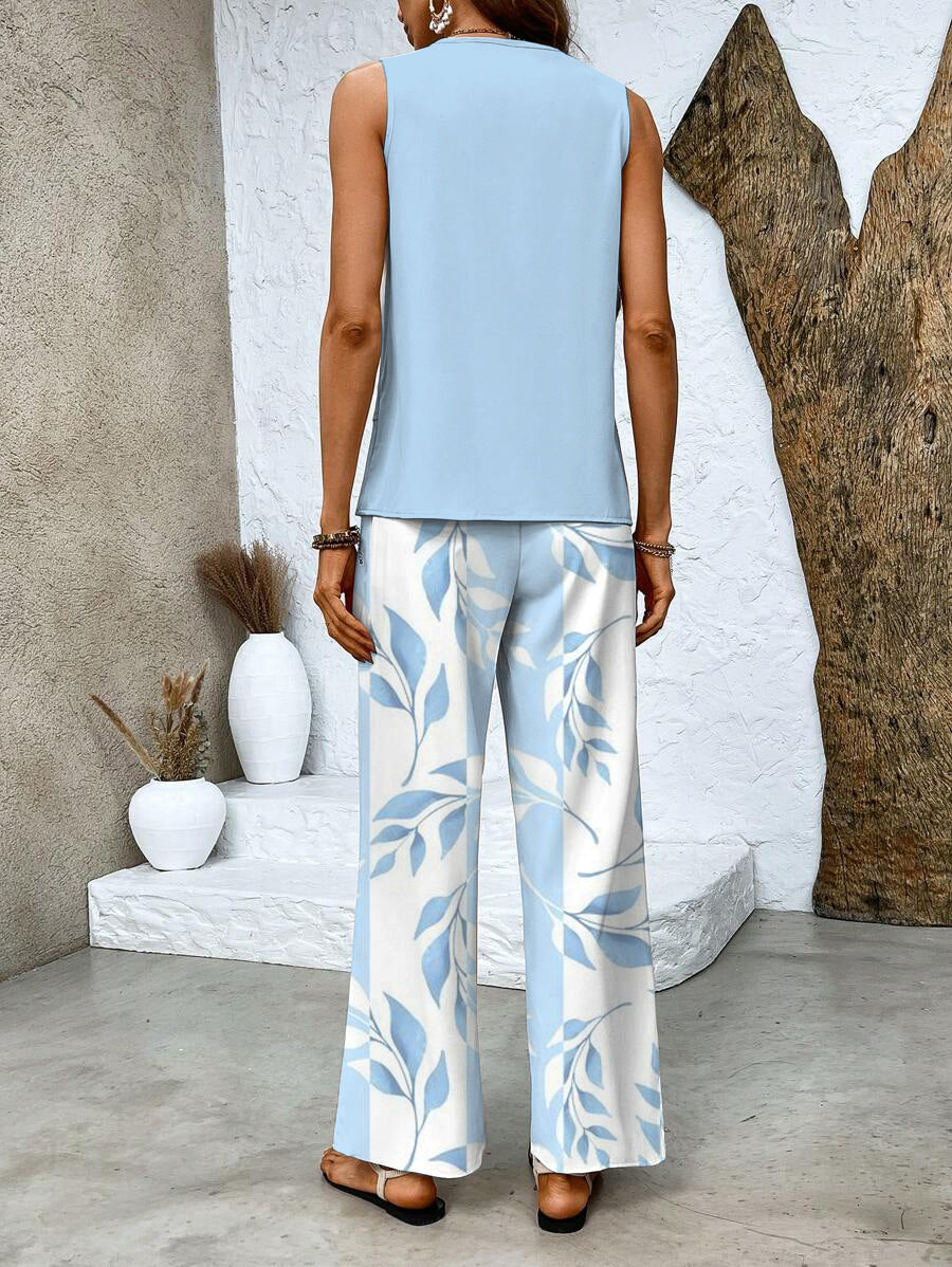 Dames Zomer Set met Mouwloze Top en Wijde Broek met Bladpatroon