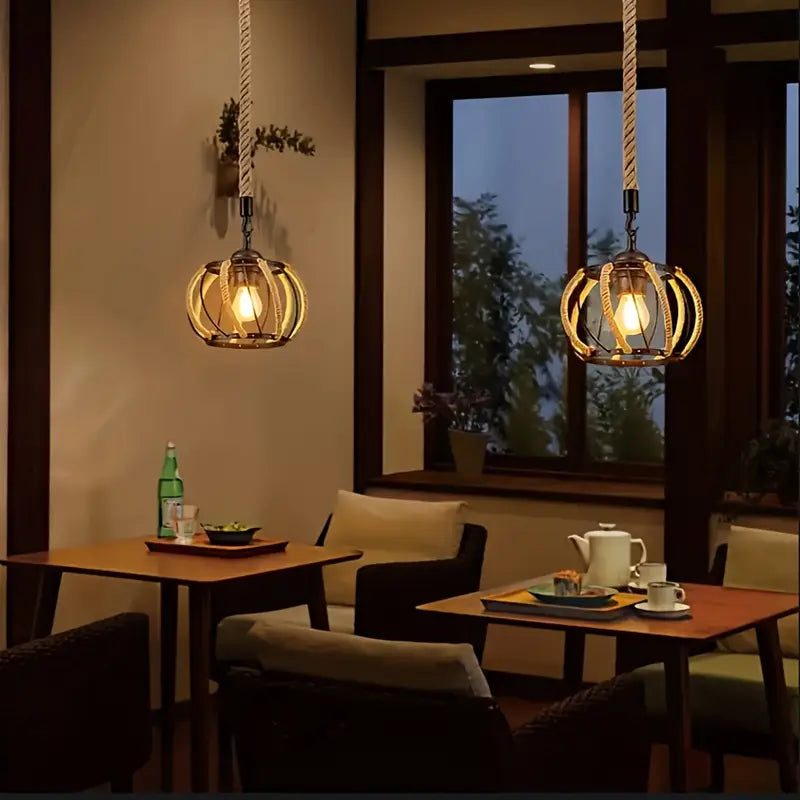 Industriële Hanglamp met Gevlochten Touw en Metalen Frame voor Interieur