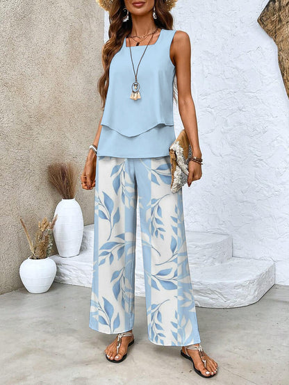 Dames Zomer Set met Mouwloze Top en Wijde Broek met Bladpatroon