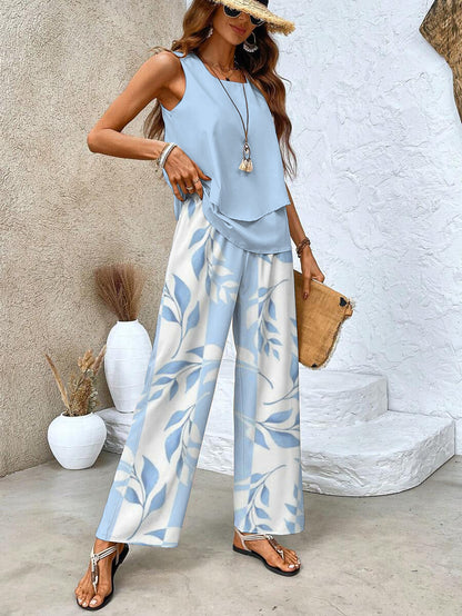 Dames Zomer Set met Mouwloze Top en Wijde Broek met Bladpatroon