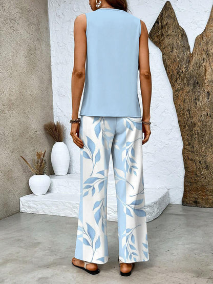 Dames Zomer Set met Mouwloze Top en Wijde Broek met Bladpatroon