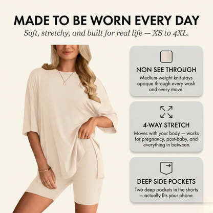 CloudEase Lounge Set™ – oversized top & biker shorts 2-delige set + 50% KORTING