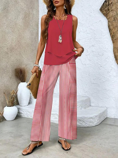 Dames Zomer Set met Mouwloze Top en Wijde Broek met Bladpatroon
