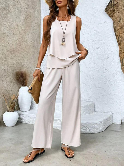 Dames Zomer Set met Mouwloze Top en Wijde Broek met Bladpatroon
