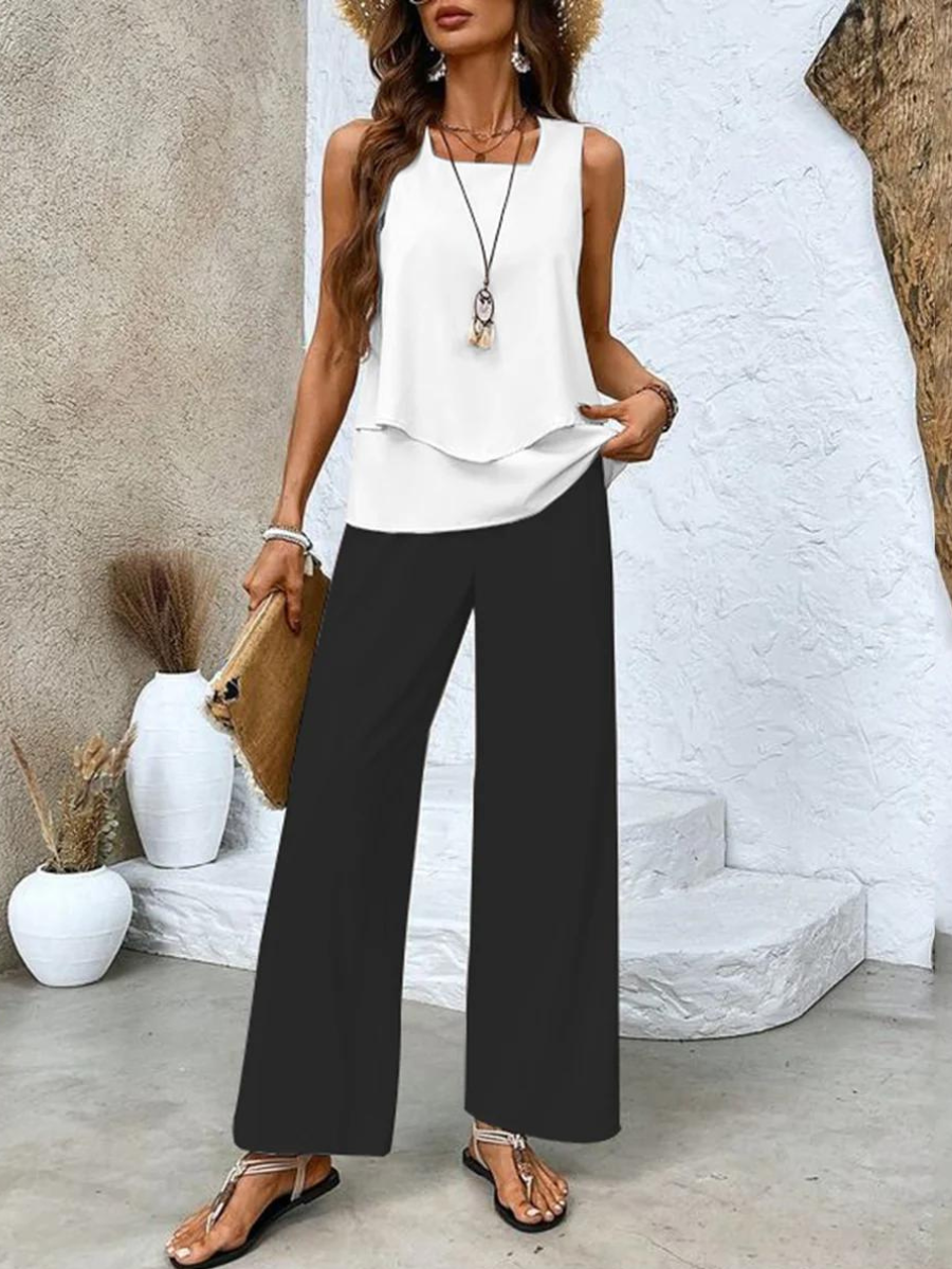 Dames Zomer Set met Mouwloze Top en Wijde Broek met Bladpatroon