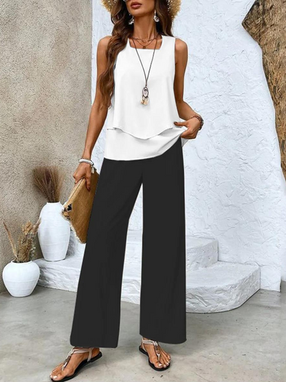 Dames Zomer Set met Mouwloze Top en Wijde Broek met Bladpatroon