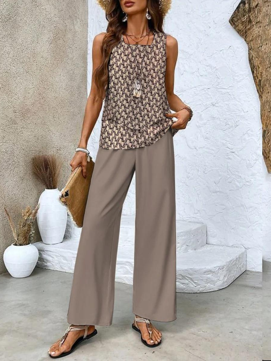 Dames Zomer Set met Mouwloze Top en Wijde Broek met Bladpatroon