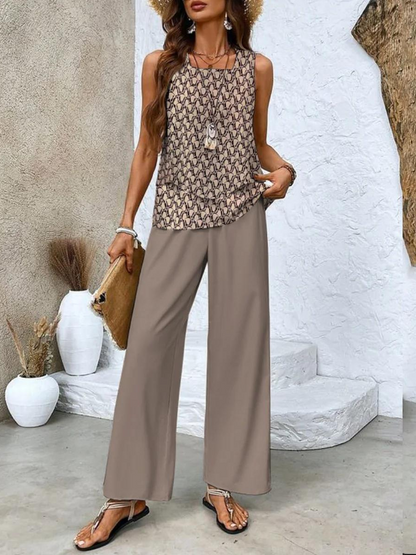 Dames Zomer Set met Mouwloze Top en Wijde Broek met Bladpatroon