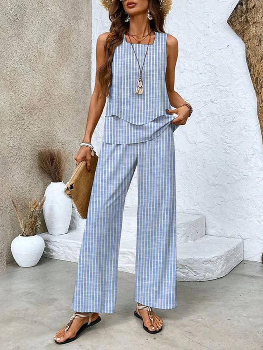 Dames Zomer Set met Mouwloze Top en Wijde Broek met Bladpatroon