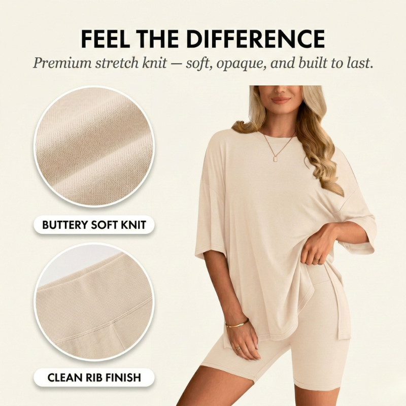 CloudEase Lounge Set™ – oversized top & biker shorts 2-delige set + 50% KORTING