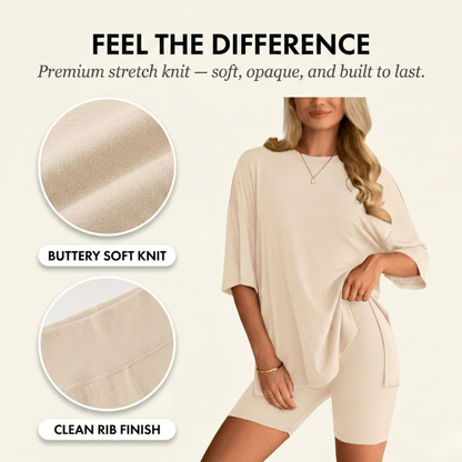 CloudEase Lounge Set™ – oversized top & biker shorts 2-delige set + 50% KORTING