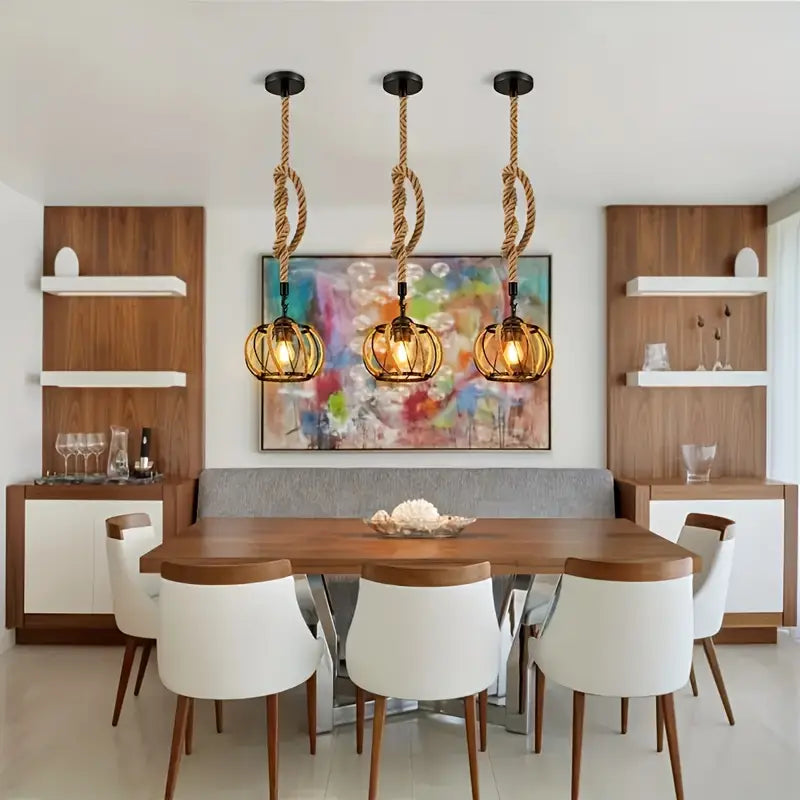 Industriële Hanglamp met Gevlochten Touw en Metalen Frame voor Interieur