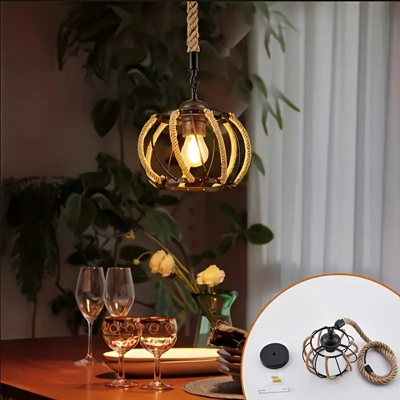 Industriële Hanglamp met Gevlochten Touw en Metalen Frame voor Interieur