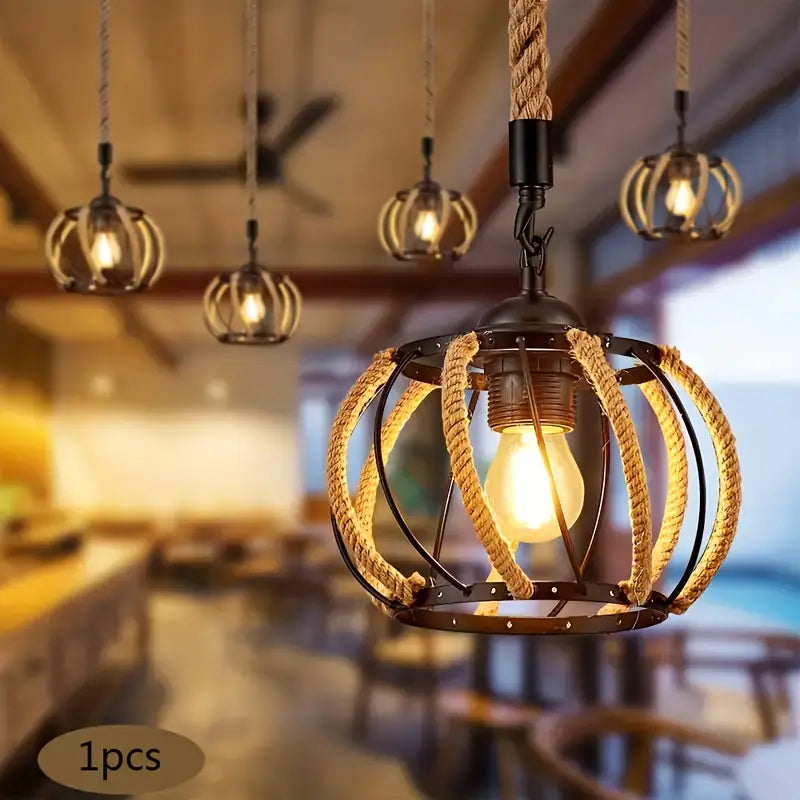 Industriële Hanglamp met Gevlochten Touw en Metalen Frame voor Interieur