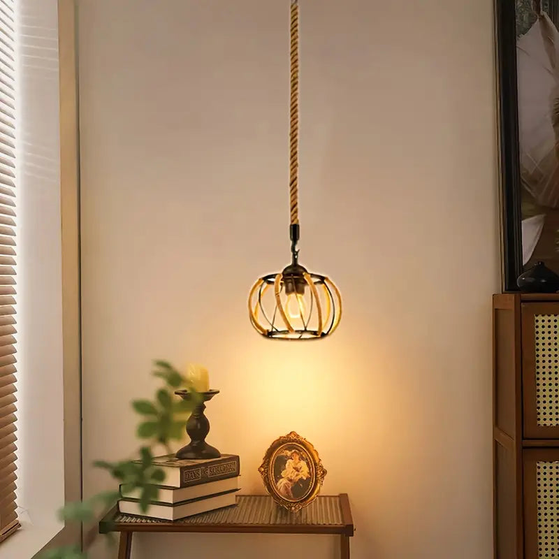 Industriële Hanglamp met Gevlochten Touw en Metalen Frame voor Interieur